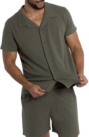 Spring + Mercer Relaxed Cotton & Hemp Button-down Polo In Dusty Olive