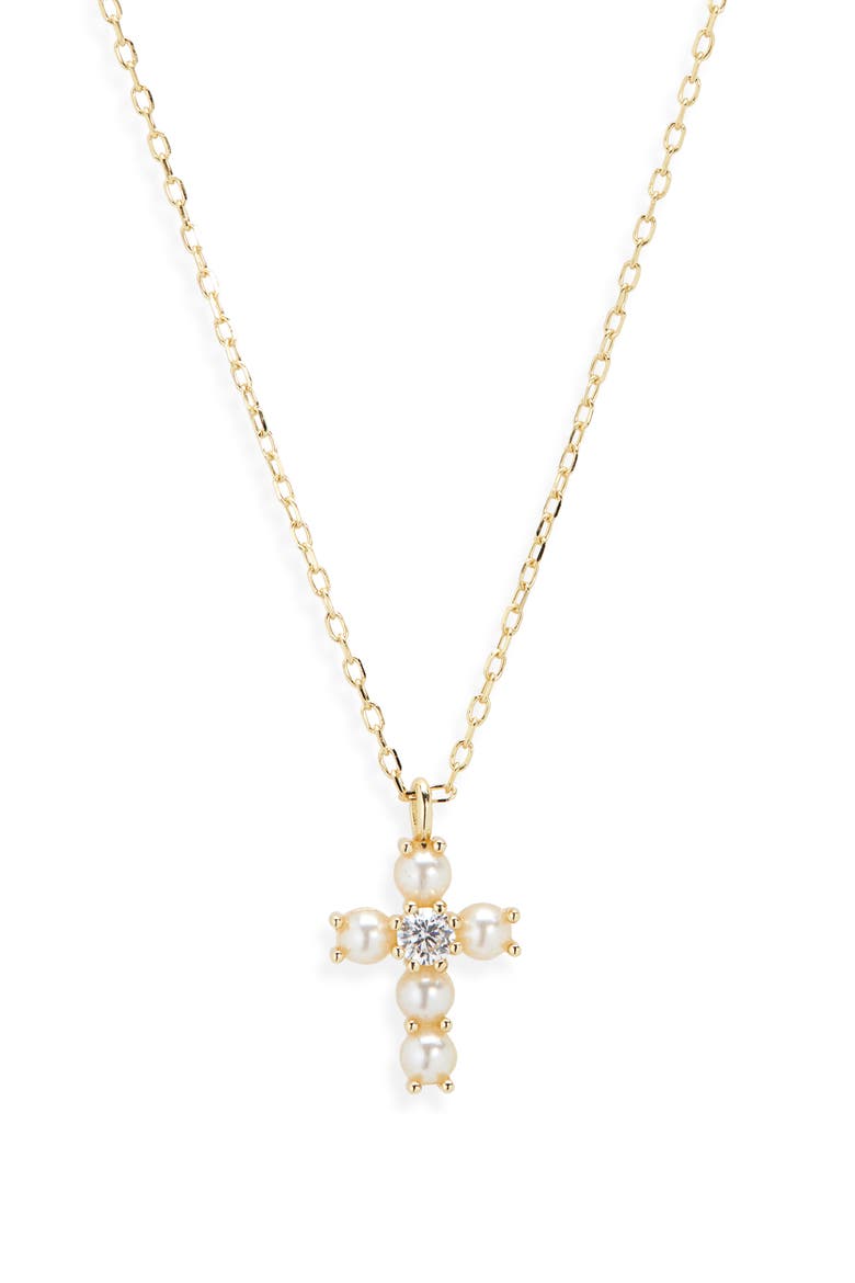 Faux Pearl Beaded Cross Pendant Necklace, Alternate, color, GOLD