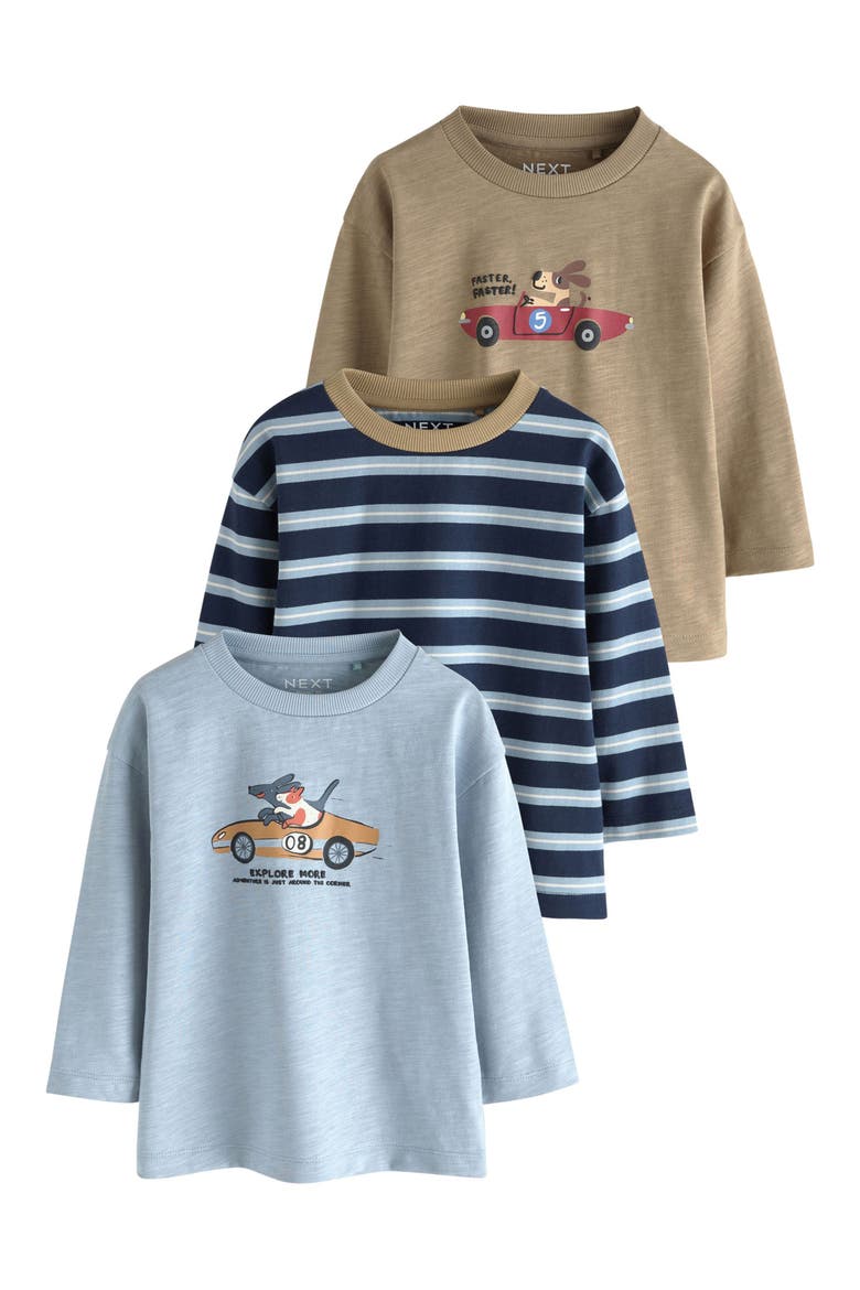 Kids' Pack of 3 Assorted Long Sleeve Cotton Graphic T-Shirts, Main, color, BLUE/ NEUTRAL MULTI