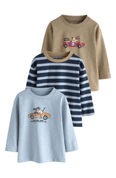 Kids' Pack of 3 Assorted Long Sleeve Cotton Graphic T-Shirts