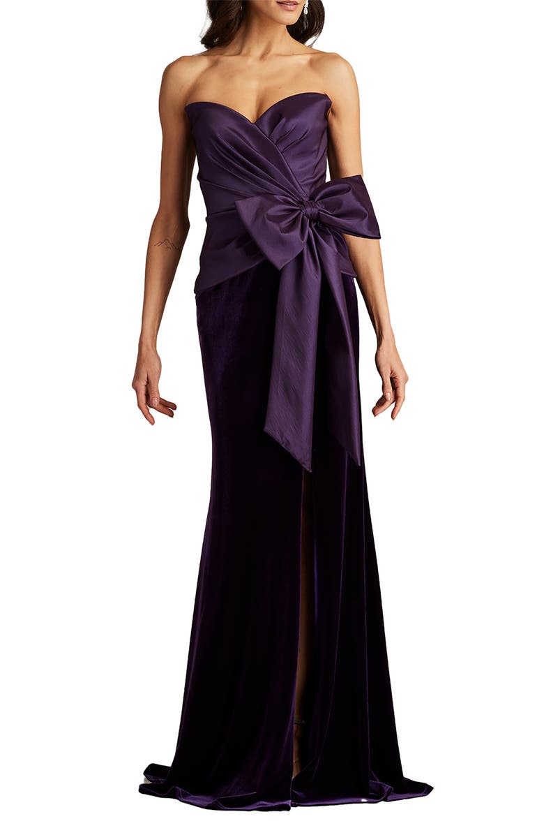 Tadashi Shoji Strapless Bow Detail Mixed Media Velvet Gown, Main, color,