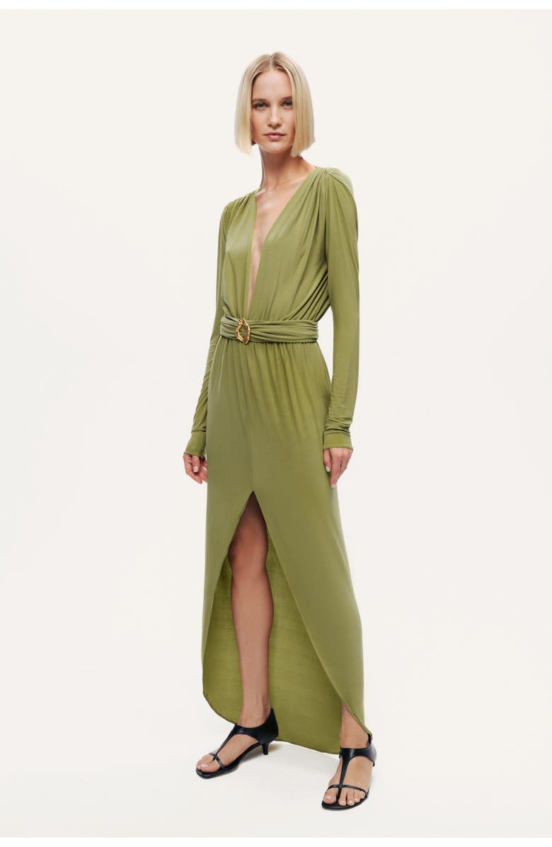 Nocturne Deep Plunge Belted Jersey Maxi Dress, Main, color, Olive Green
