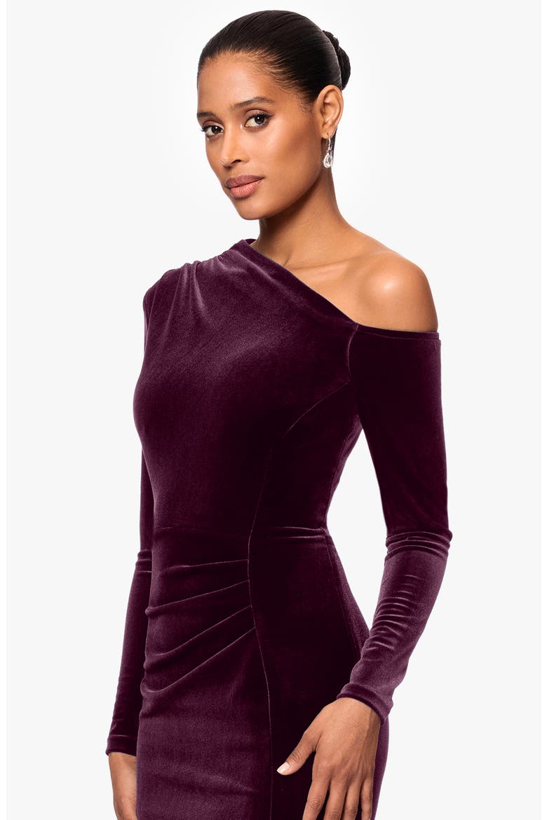 One-Shoulder Long Sleeve Velvet Gown, Alternate, color, MAROON