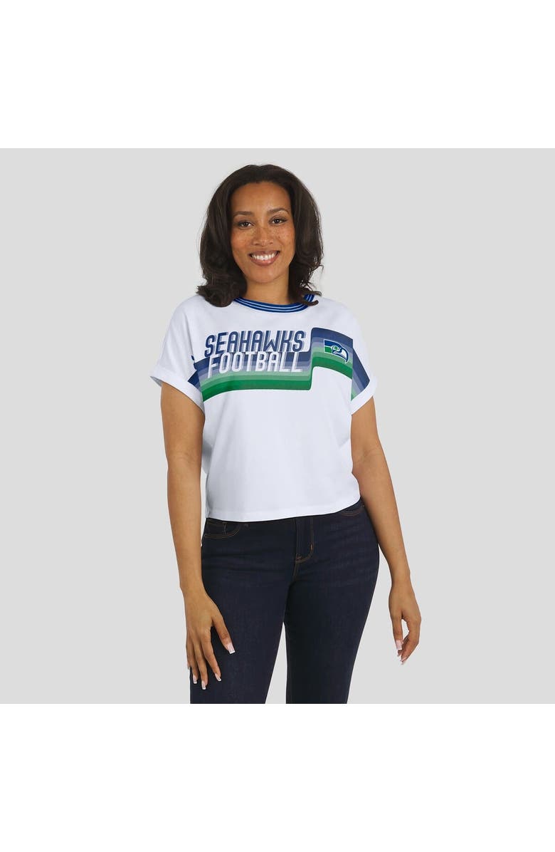 WEAR by Erin Andrews Women's WEAR by Erin Andrews White Seattle Seahawks Cropped Center Stripe Dolman T-Shirt, Alternate, color, White