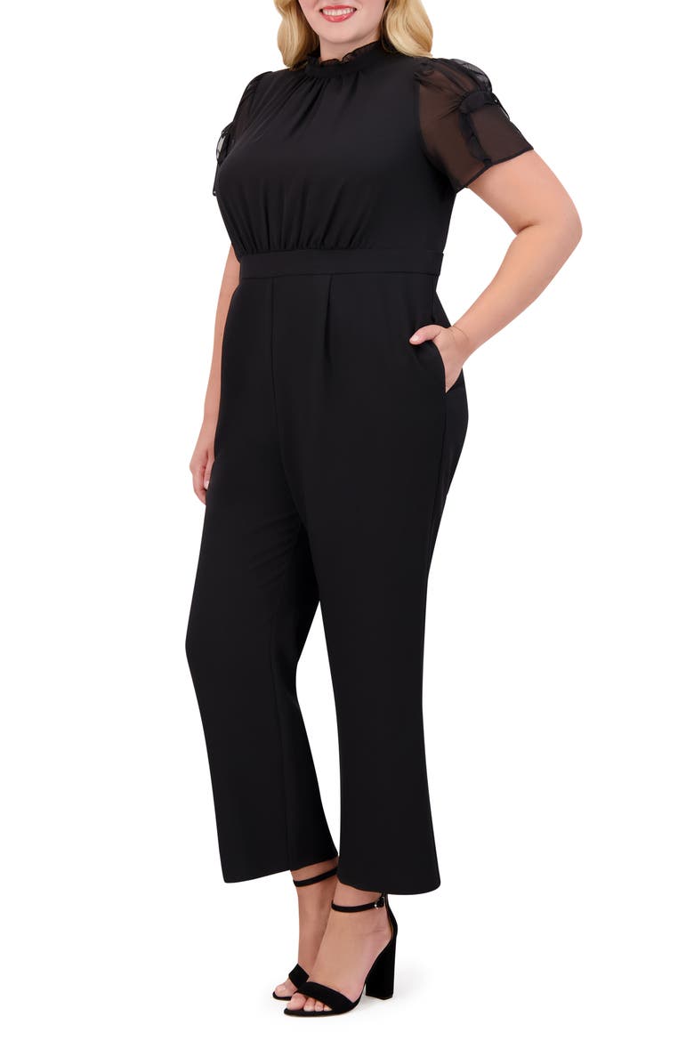 Chiffon Short Sleeve Stretch Crepe Jumpsuit, Alternate, color, BLACK