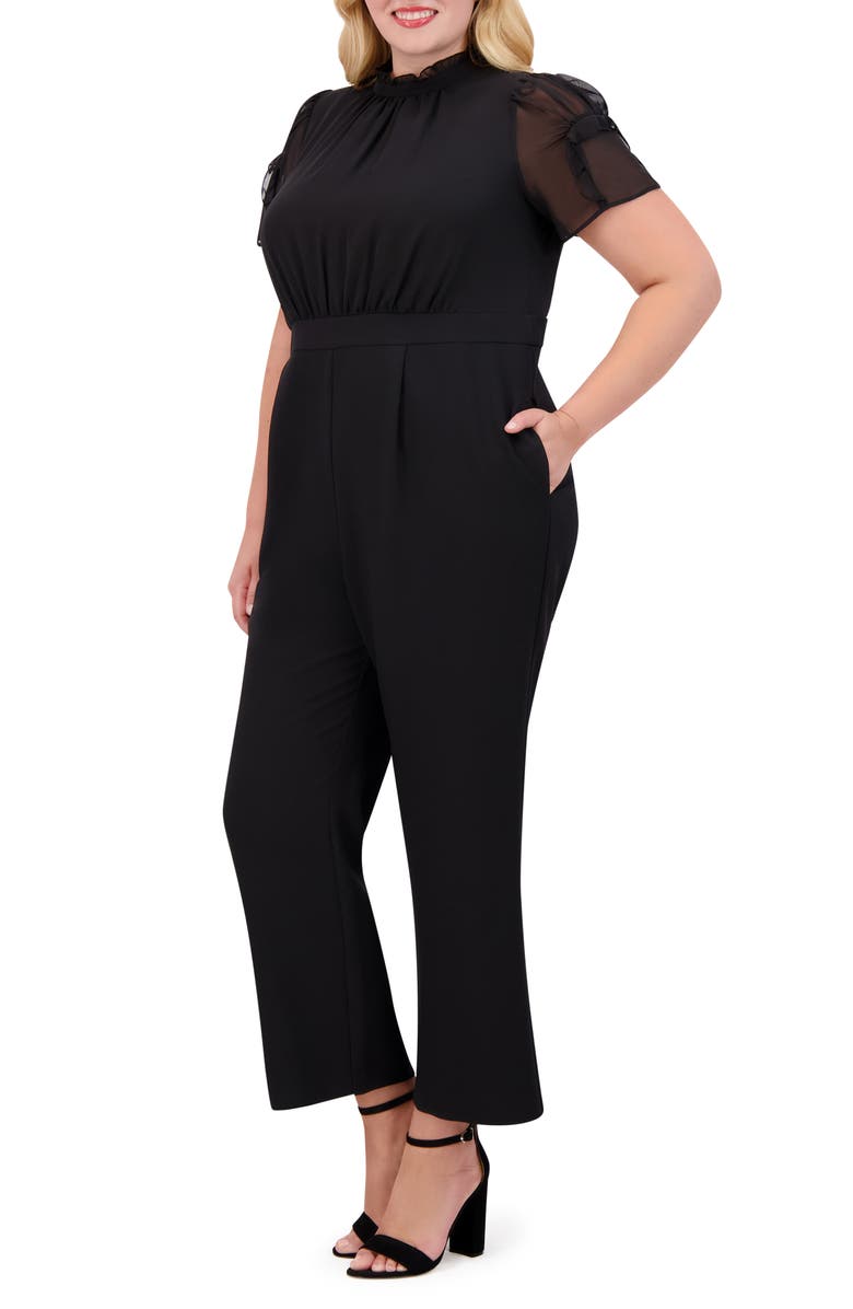 Vince Camuto Chiffon Short Sleeve Stretch Crepe Jumpsuit, Alternate, color, Black