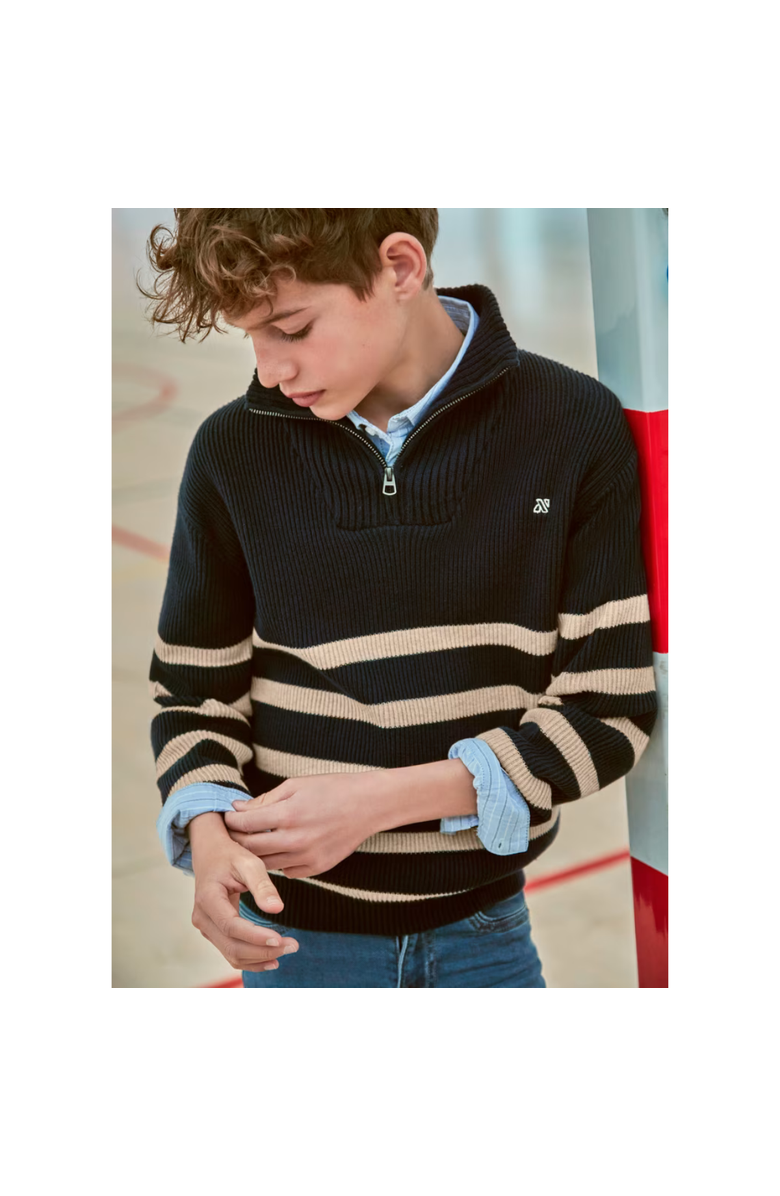 Mayoral Striped Zip-Neck Sweater, Alternate, color, Navy