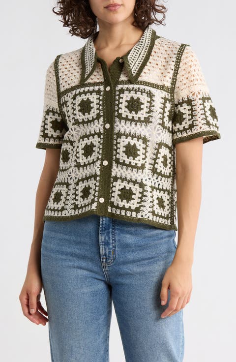 Open Knit Square Short Sleeve Cardigan