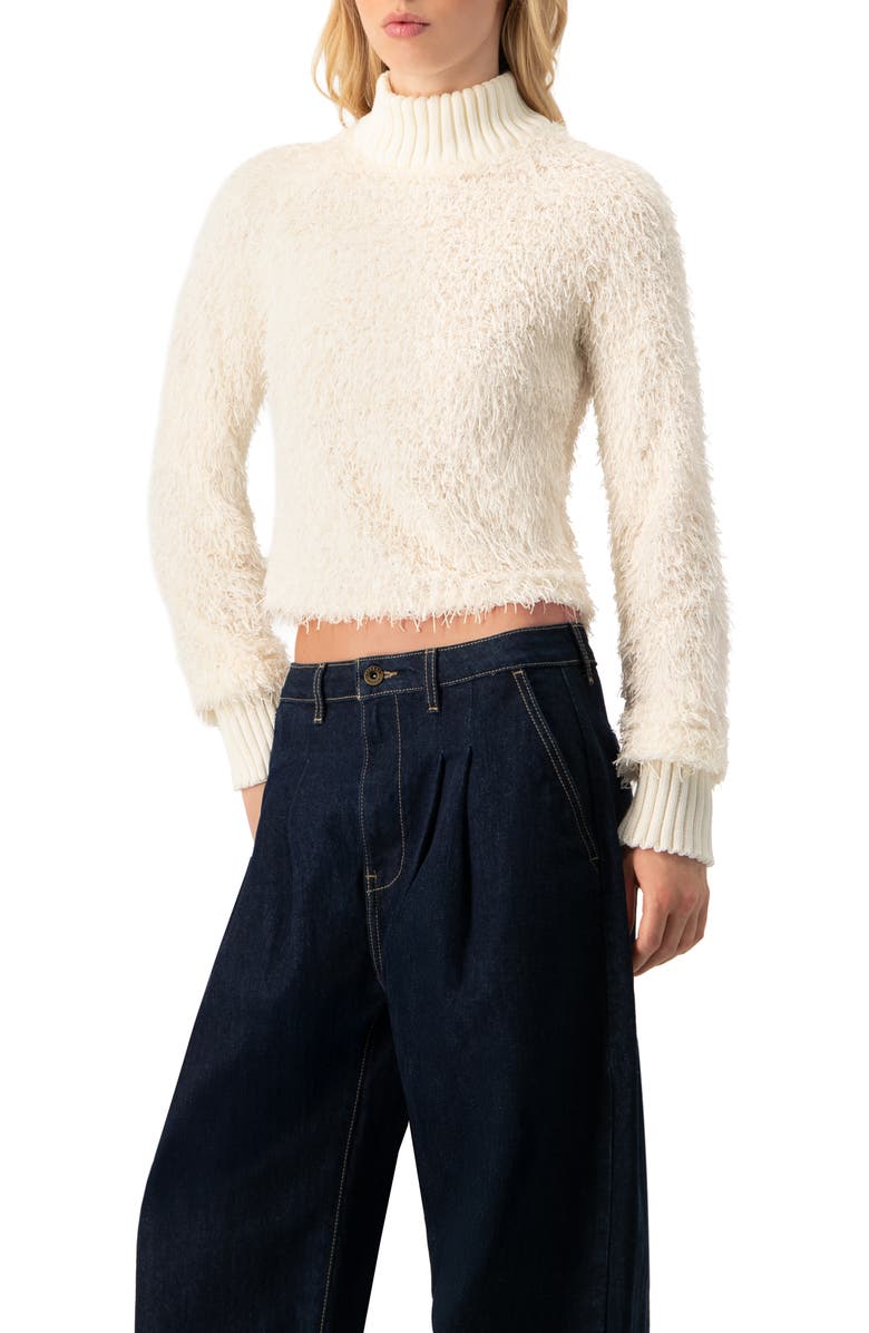 IVONNE Long Sleeve Fringe Blouse with Ribbed High Neck, Alternate, color, Ivory