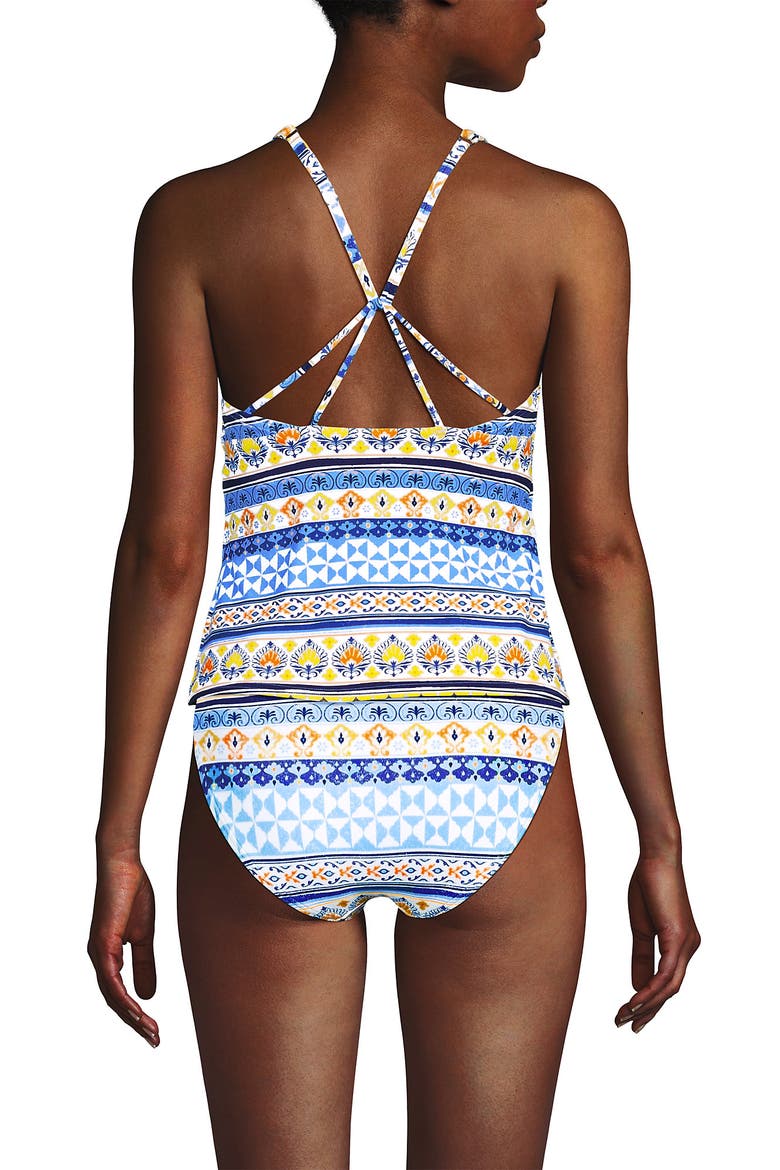 D-Cup Tugless High Neck Strappy Back Tankini Swimsuit Top, Alternate, color, White Mosaic Multi Stripe
