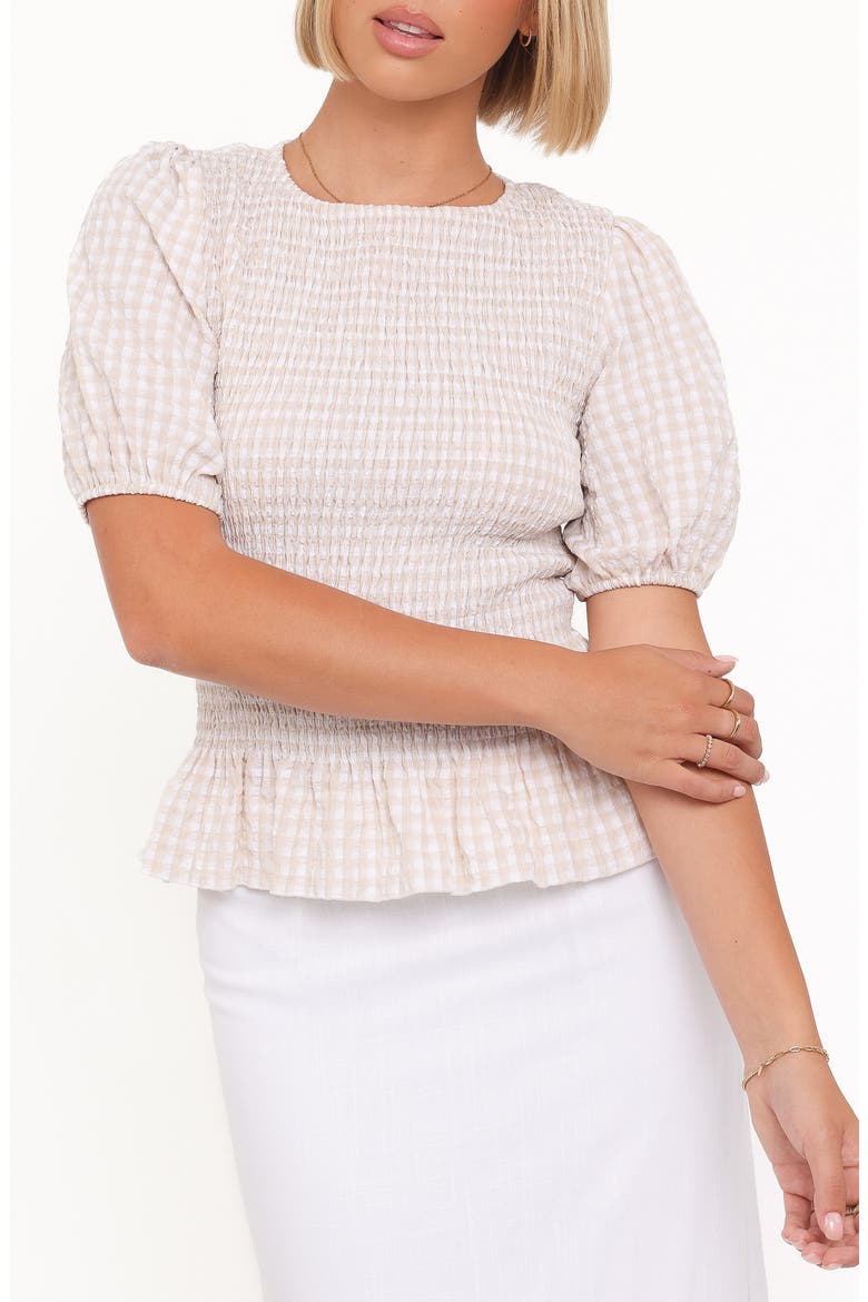 Callista Smocked Gingham Top, Main, color, BEIGE GINGHAM