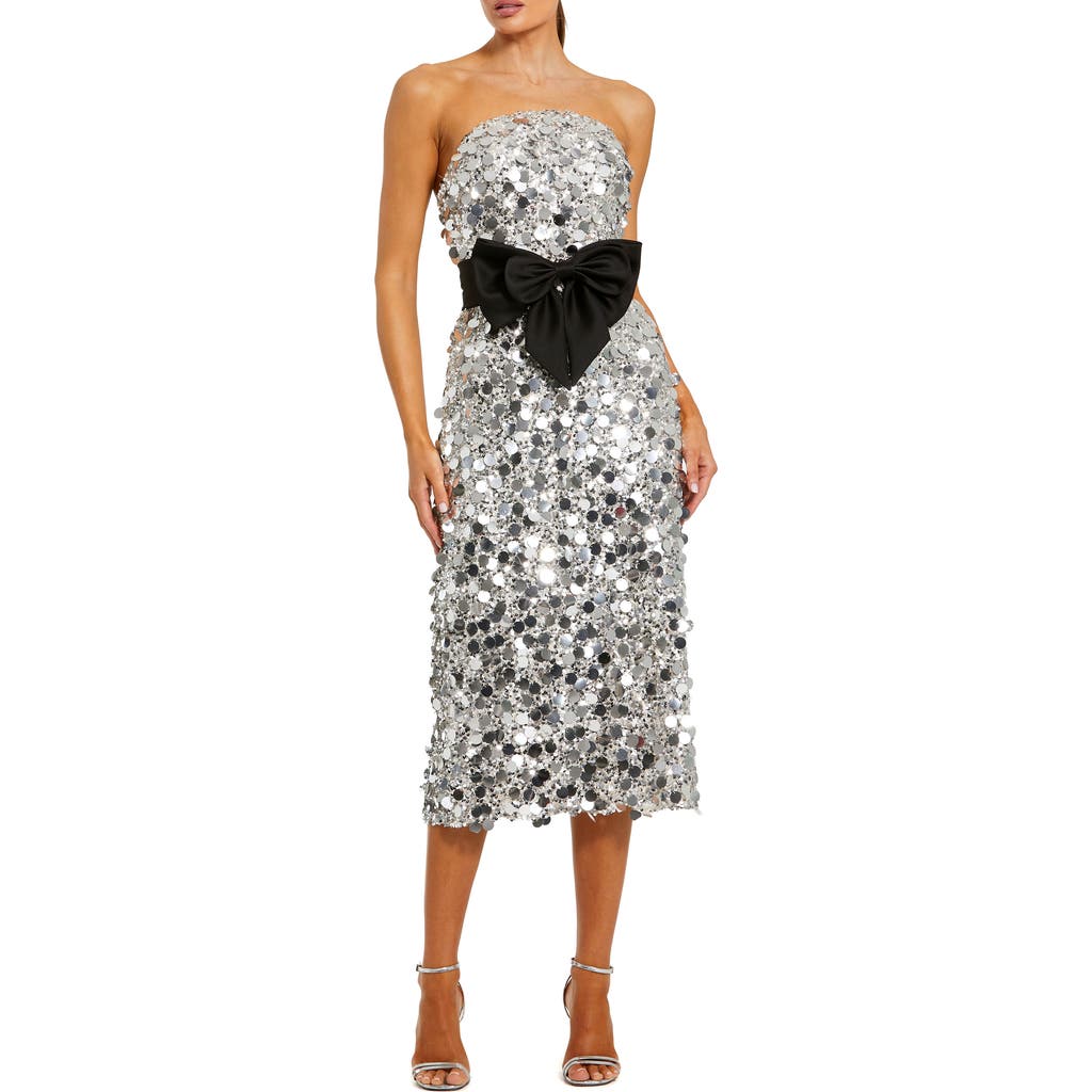 Mac Duggal Strapless Paillete Column Midi Dress With Bow In White
