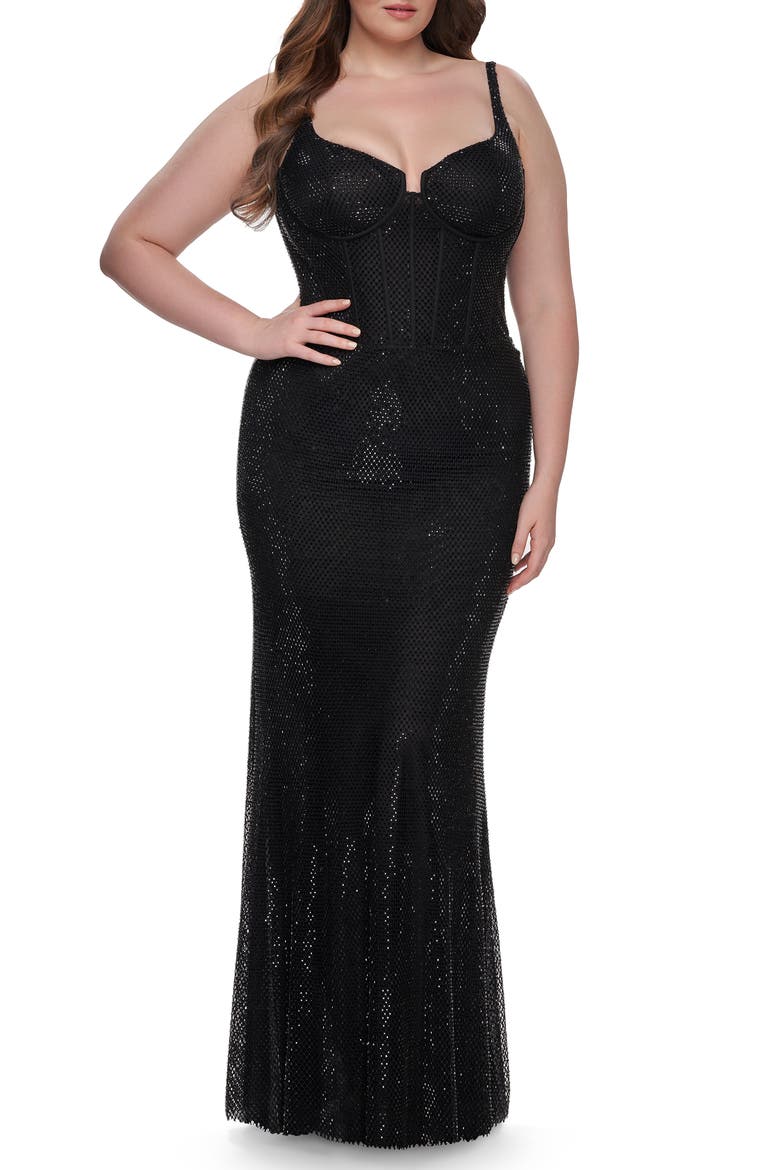 Rhinestone Fishnet Plus Size Dress with Bustier Top, Main, color, Black