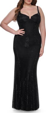 La Femme Rhinestone Fishnet Plus Size Dress with Bustier Top
