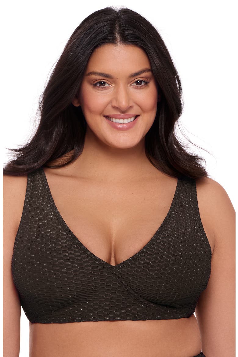 Supportive and Sculpting Grid-Textured Wrap Bralette Swimsuit Top, Main, color, Onyx Black
