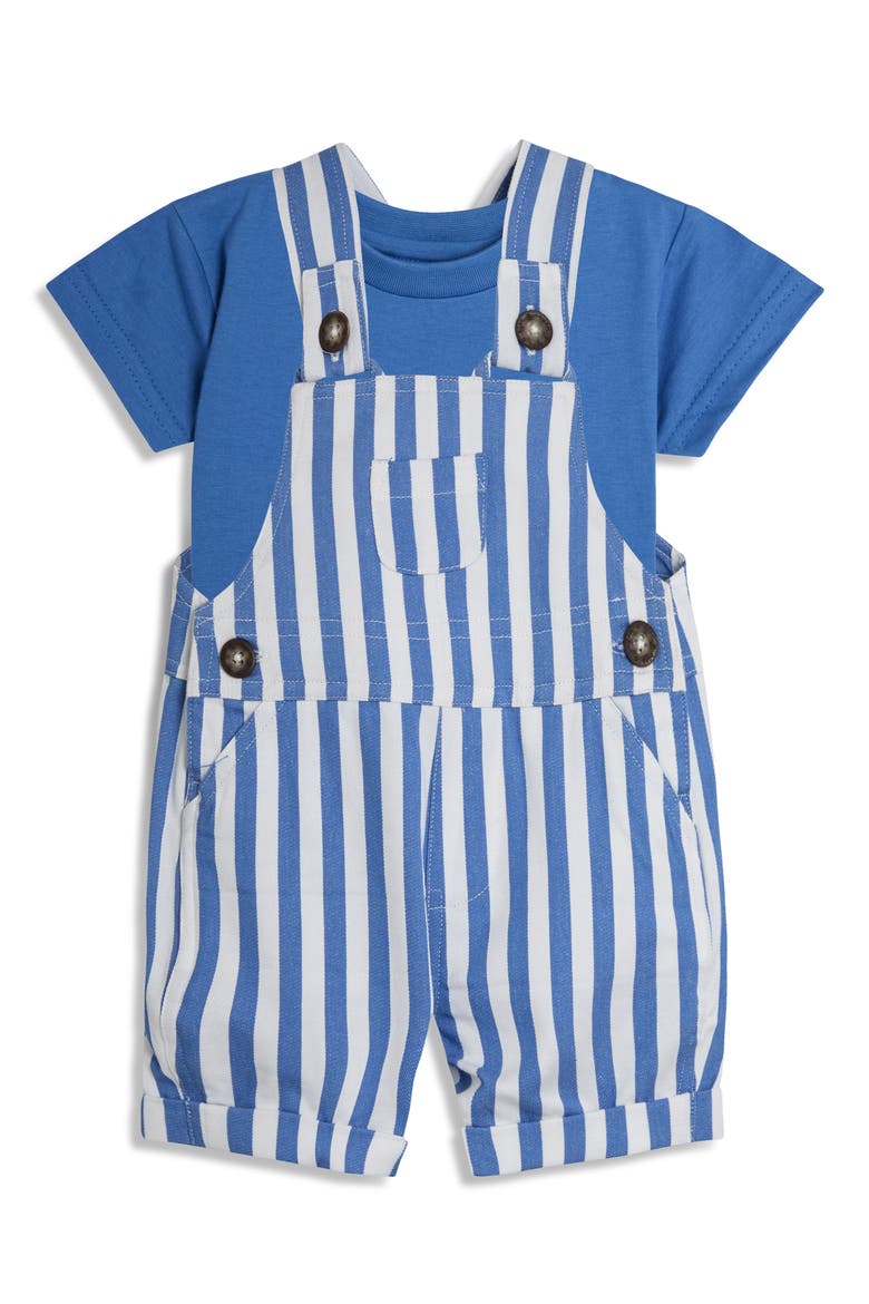 Cotton T-Shirt & Stripe Overalls Set, Main, color, BLUE