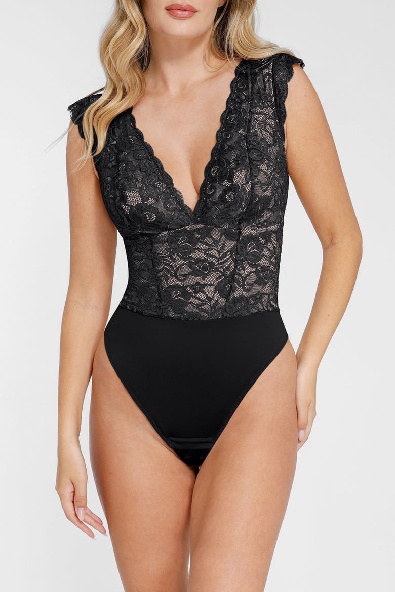 Sculpting Shapewear Plunge Lace Bodysuit, Main, color, Jet