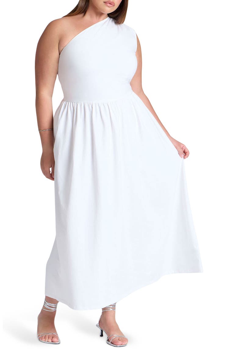 plus size white one shoulder dress And Now This Trendy Plus Size One-Shoulder Midi Dress - White