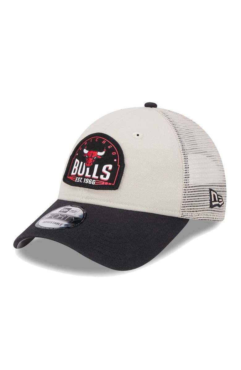 New Era Men's New Era Khaki/Black Chicago Bulls Throwback Patch Trucker 9FORTY Adjustable Hat, Main, color, Khaki
