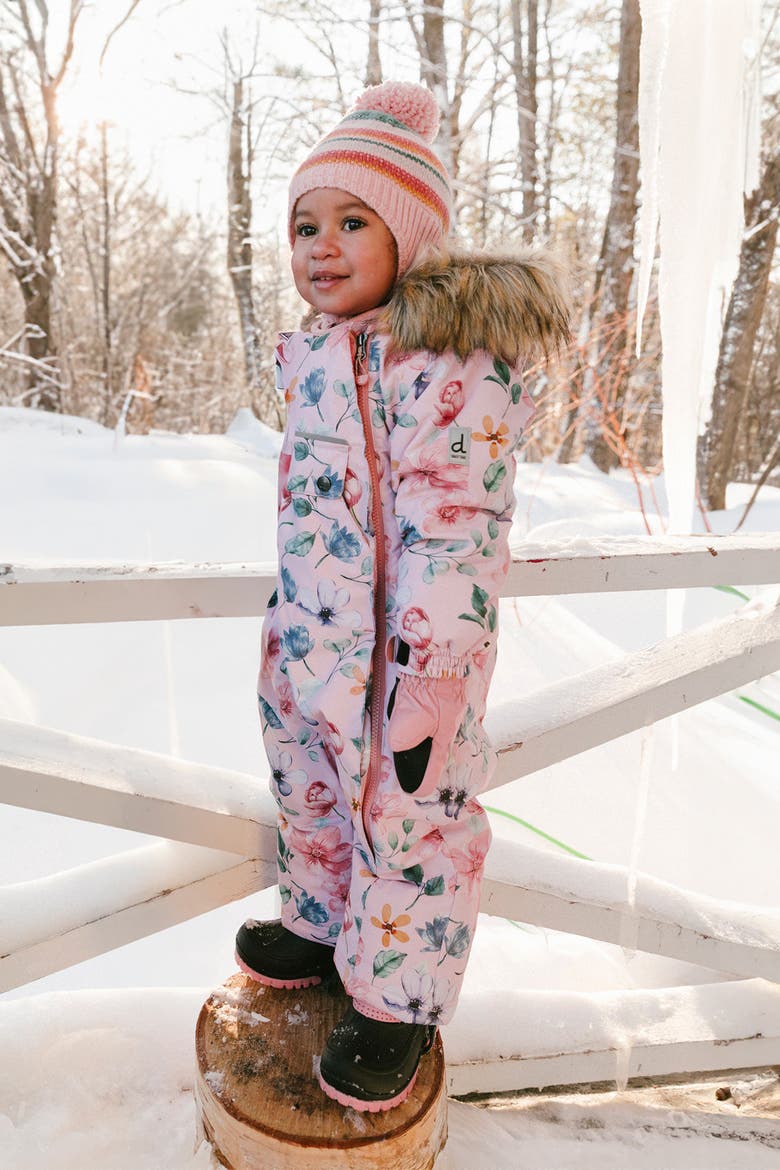 Floral Play Faux Fur Hood Car Seat One Piece Snowsuit, Alternate, color, Pink Floral Print