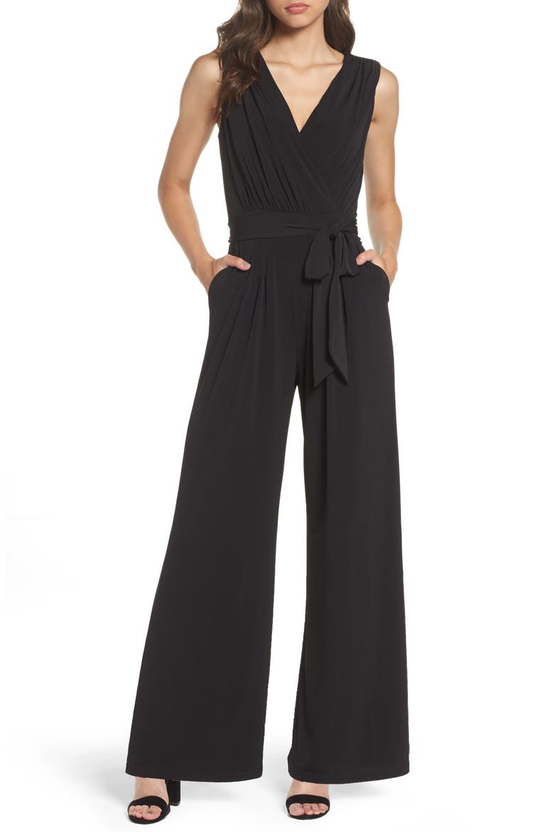 Faux Wrap Jersey Jumpsuit, Main, color, BLACK