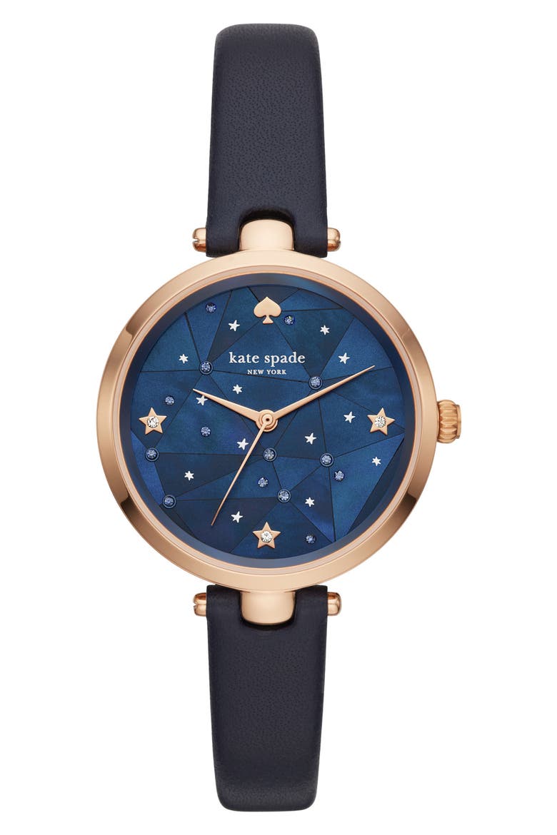 holland constellation leather strap watch, 34mm, Main, color, BLUE/ ROSE GOLD