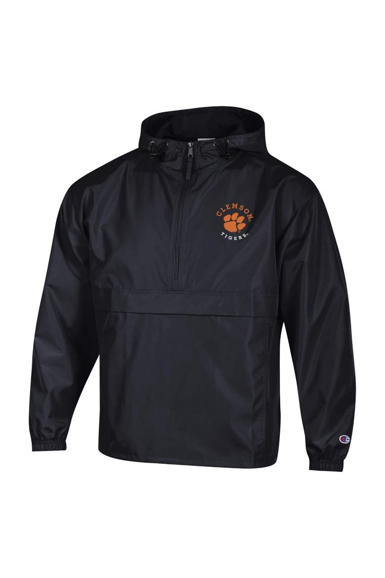Men's Champion  Black Clemson Tigers Packable Hooded Windbreaker Half-Zip Jacket, Alternate, color, Black