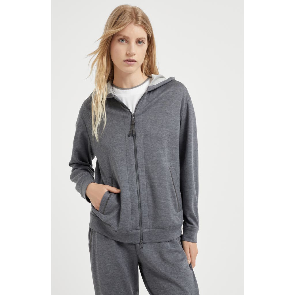 Brunello Cucinelli Brass Inserts Grey Cotton And Silk Hoodie In Dark Grey