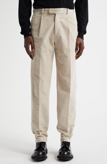 Thom Sweeney Easy Fit Pleated Corduroy Pants In Almond/ Off White