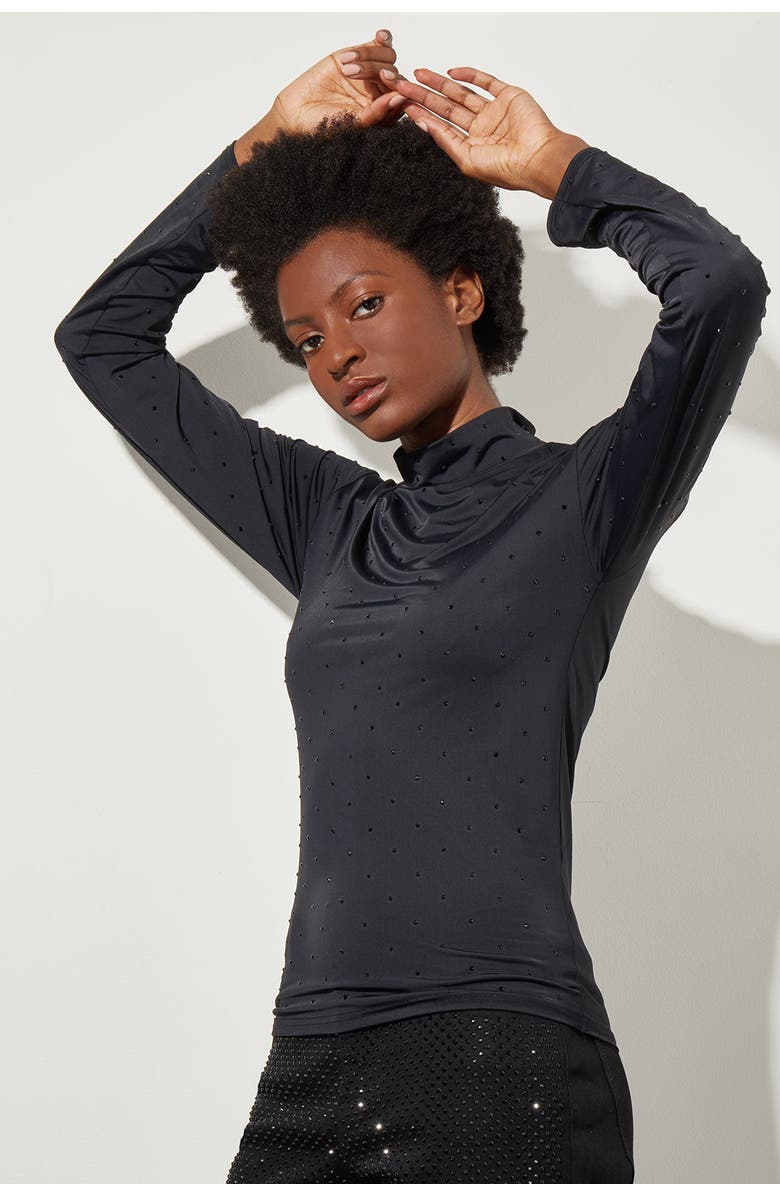 Ming Wang Crystal Detail Mock Neck Top, Alternate, color, Black