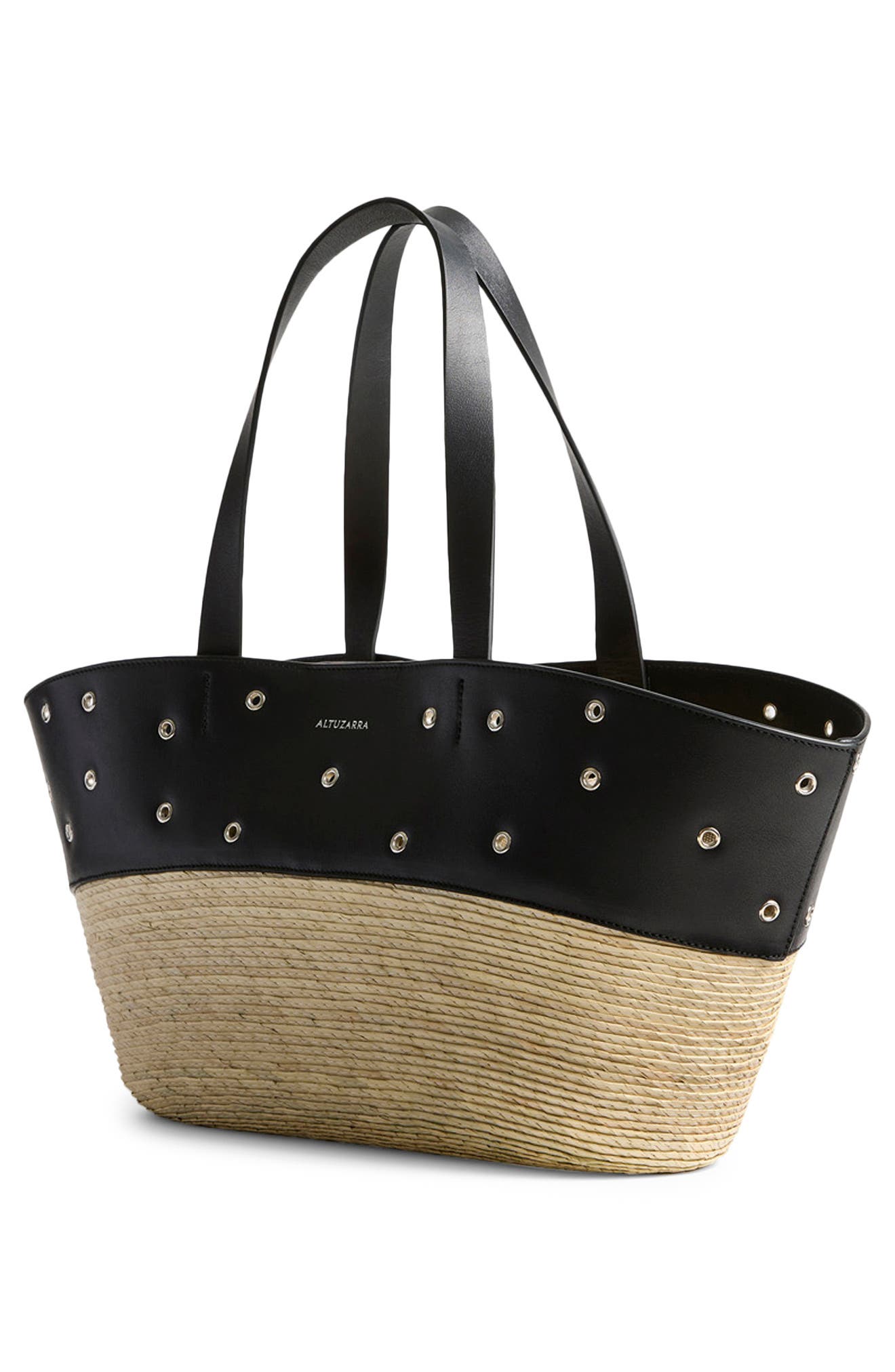 Altuzarra Knot Studded Leather & Straw Basket Tote, Alternate, color, 381001 Black/ Silver