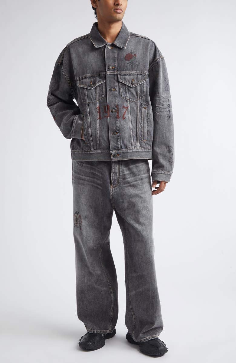 Balenciaga Tattoo Boxy Denim Jacket, Alternate, color, 1441 Dark Grey