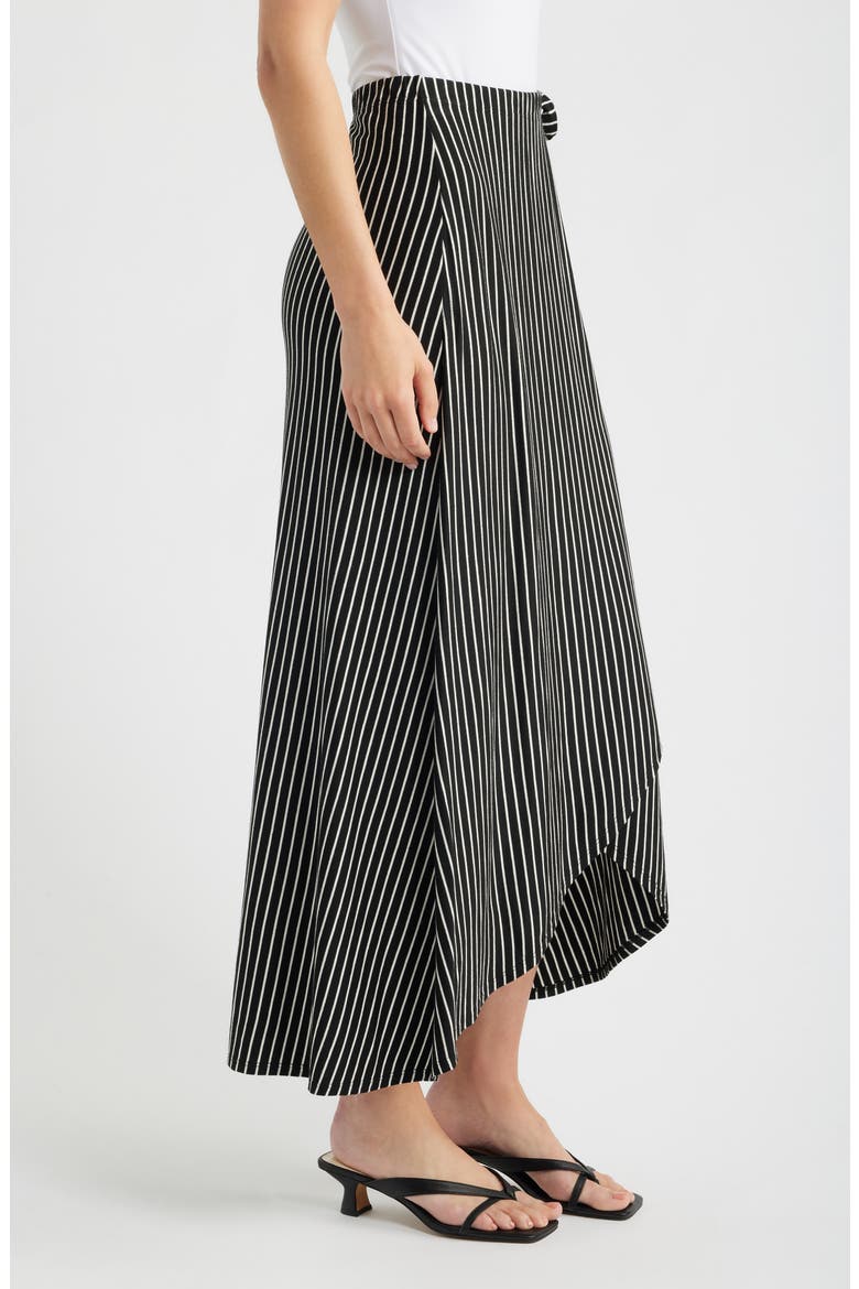 Stripe Faux Wrap High-Low Knit Midi Skirt, Alternate, color, BLACK