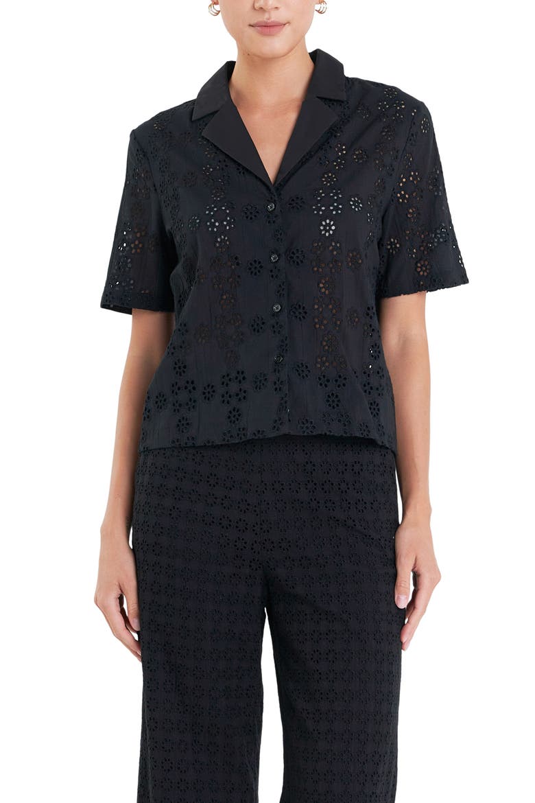 Floral Eyelet Cotton Camp Shirt, Alternate, color, BLACK