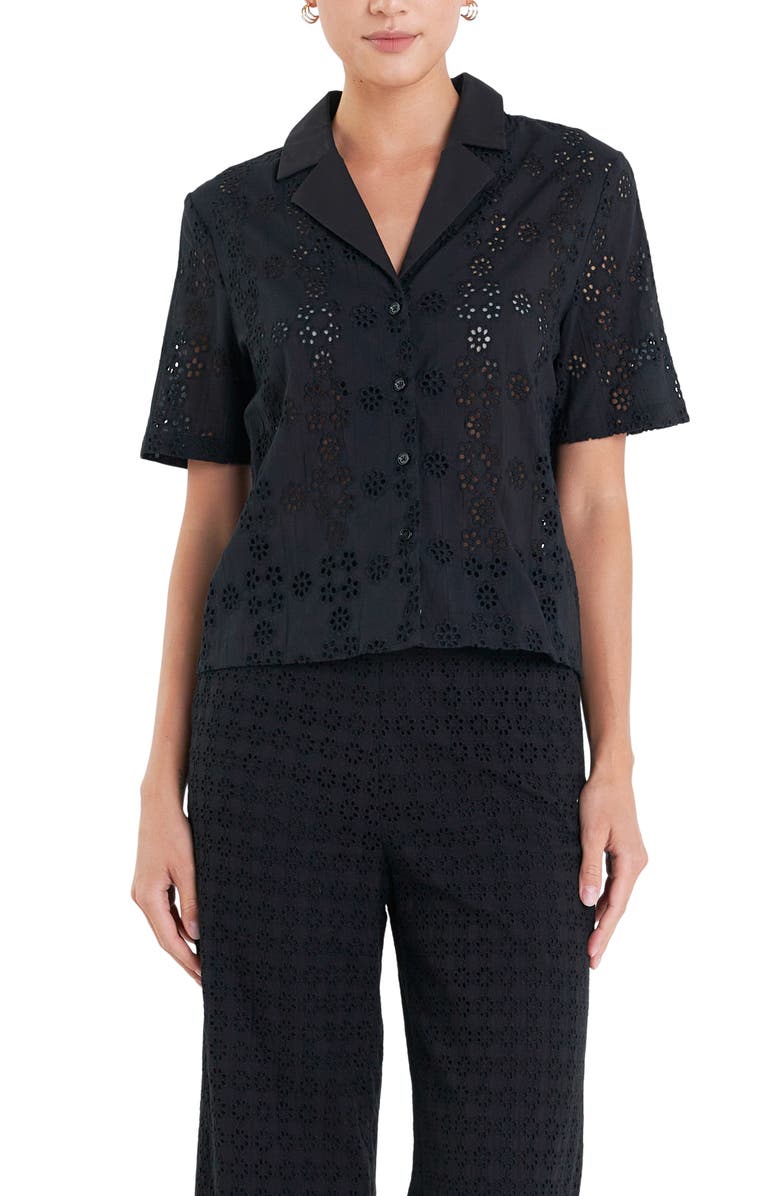 English Factory Floral Eyelet Cotton Camp Shirt, Alternate, color, Black