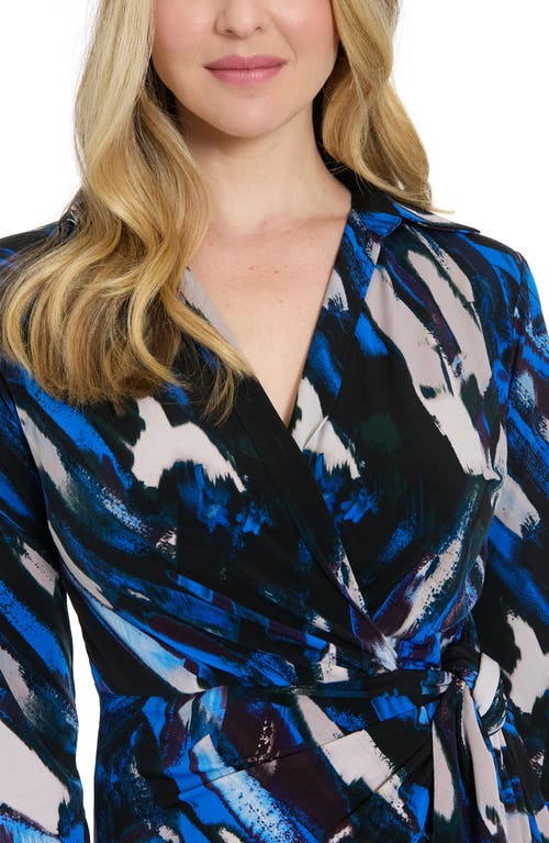 London Times Long Sleeve Faux Wrap Shirtdress In Blue