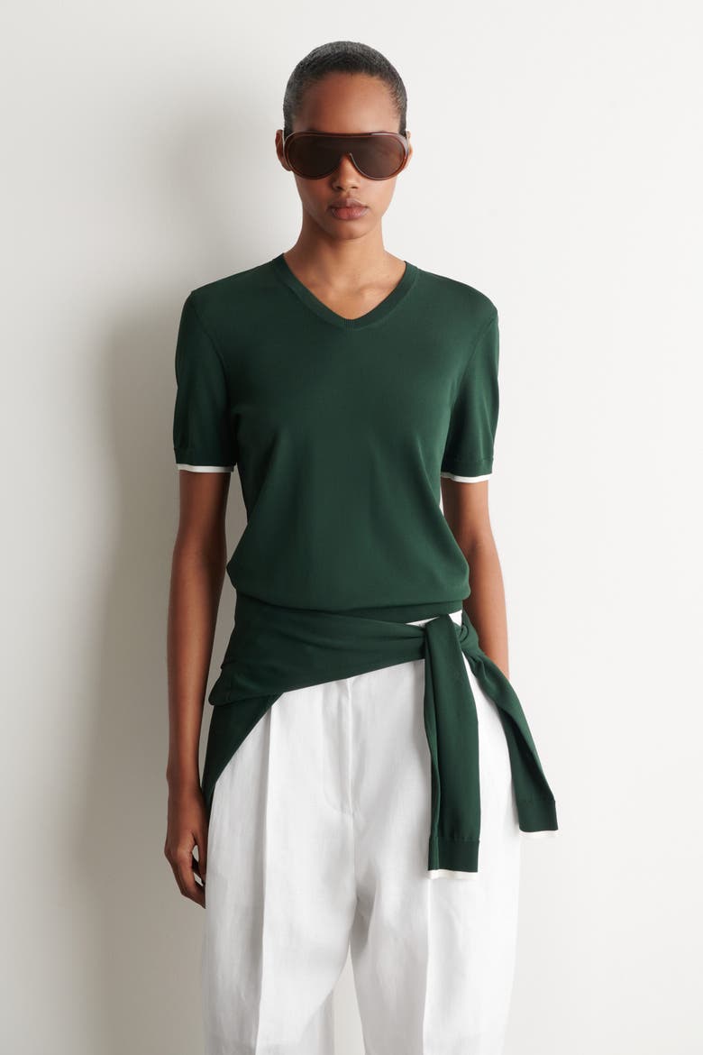 Layered-detail Knitted V-neck T-shirt, Main, color, DARK GREEN / WHITE