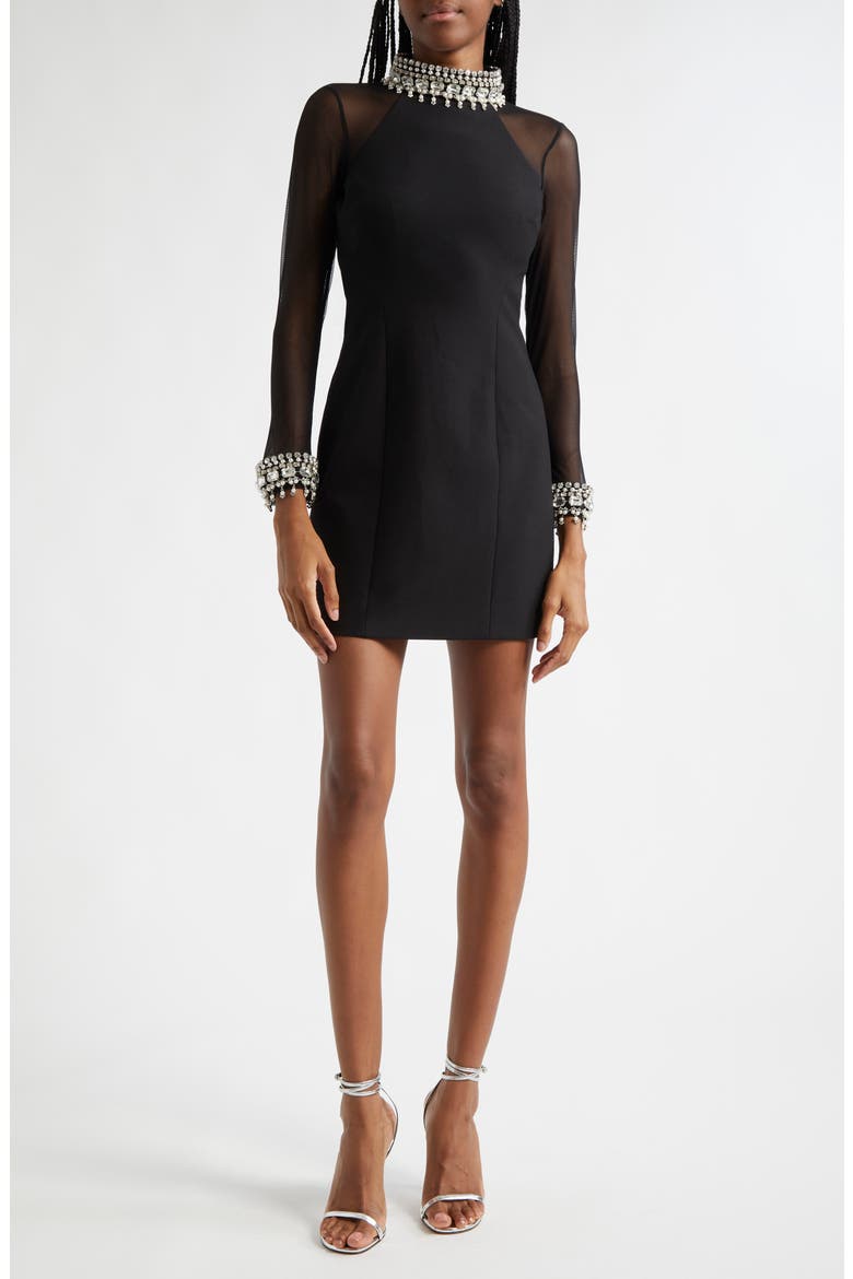Crystal & Imitation Pearl Detail Long Sleeve Minidress, Main, color, BLACK/ SILVER