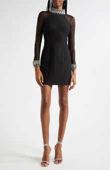 Crystal & Imitation Pearl Detail Long Sleeve Minidress