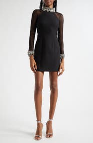 Cinq à Sept Crystal & Imitation Pearl Detail Long Sleeve Minidress