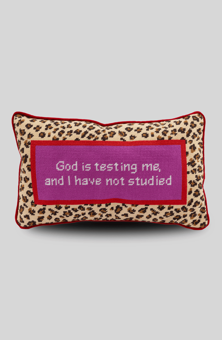 Furbish God Testing Me Needlepoint Pillow, Main, color, Red