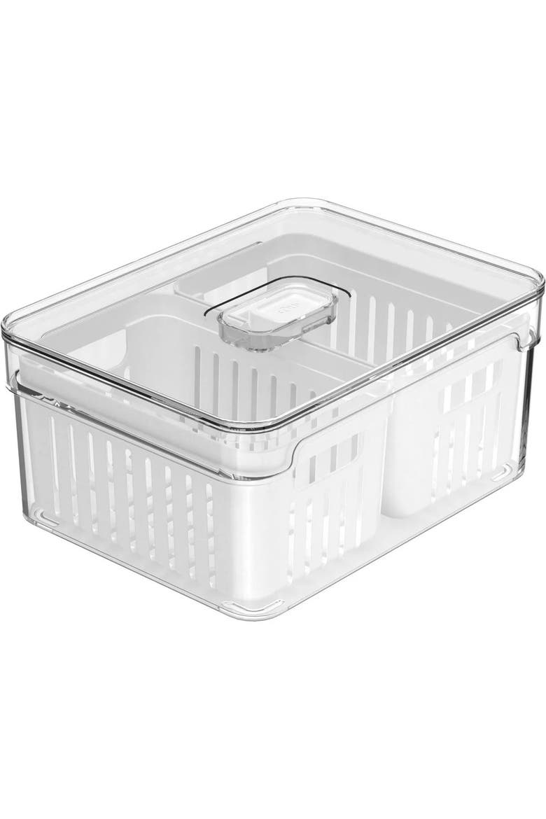 Clear Stackable Fridge Organizer Bin with Drain Basket and Vented Lid, 2.3 Quart Capacity, Main, color, Clear with White Drainer