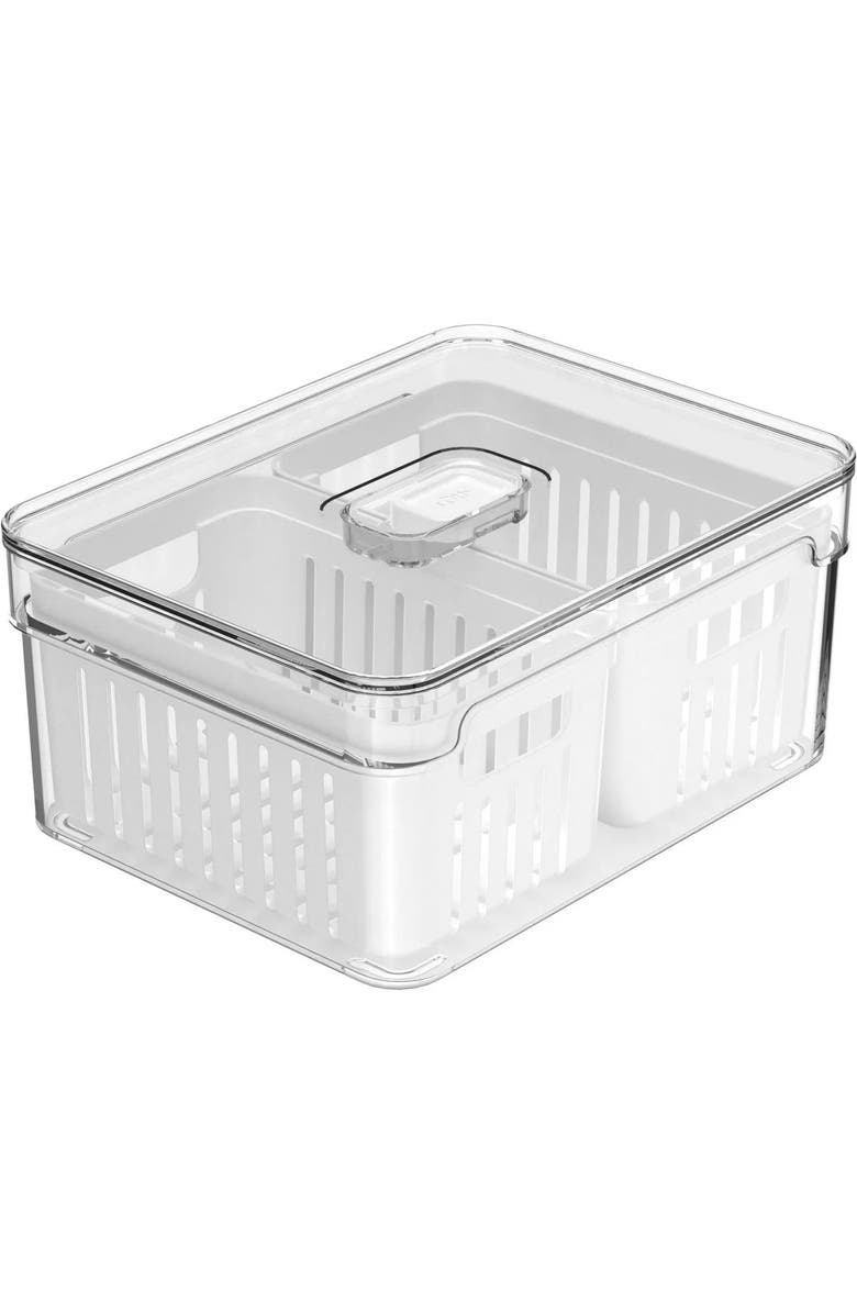 OU Clear Stackable Fridge Organizer Bin with Drain Basket and Vented Lid, 2.3 Quart Capacity, Main, color, 