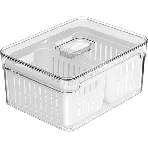 Clear Stackable Fridge Organizer Bin with Drain Basket and Vented Lid, 2.3 Quart Capacity