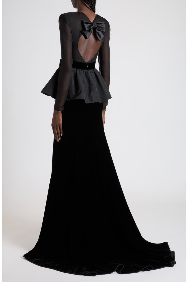 Bow Detail Long Sleeve Chiffon, Faille & Sablé Velvet Gown, Alternate, color, BLACK