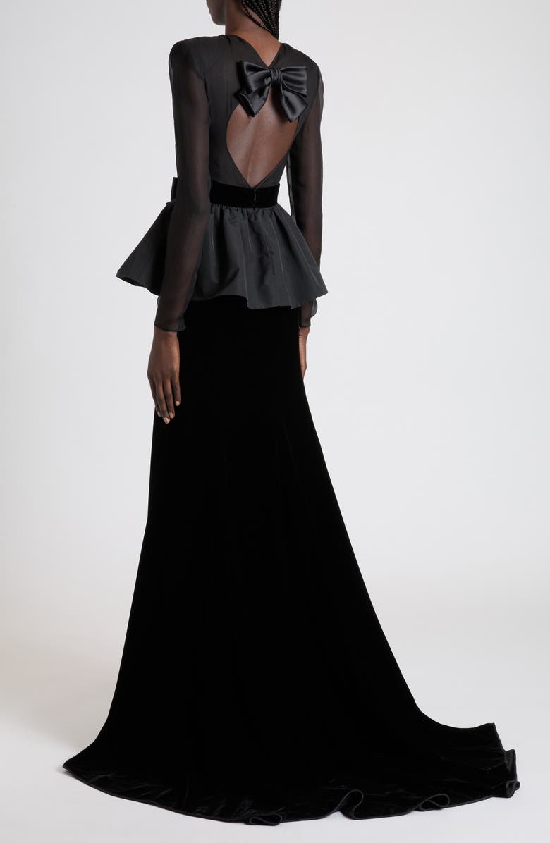 Valentino Bow Detail Long Sleeve Chiffon, Faille & Sablé Velvet Gown, Alternate, color, Black