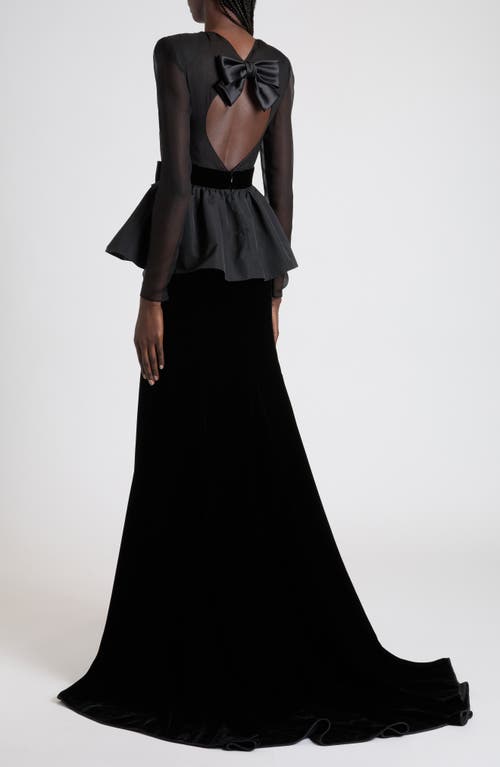 Valentino Bow Detail Long Sleeve Chiffon, Faille & Sablé Velvet Gown In Black