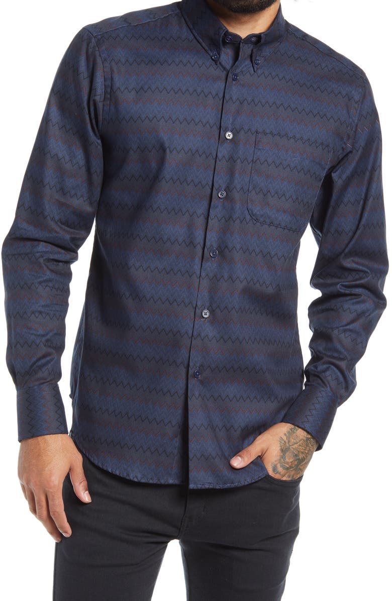 Naked & Famous Denim Relaxed Fit Zig Zag Button-Down Shirt, Main, color, 
