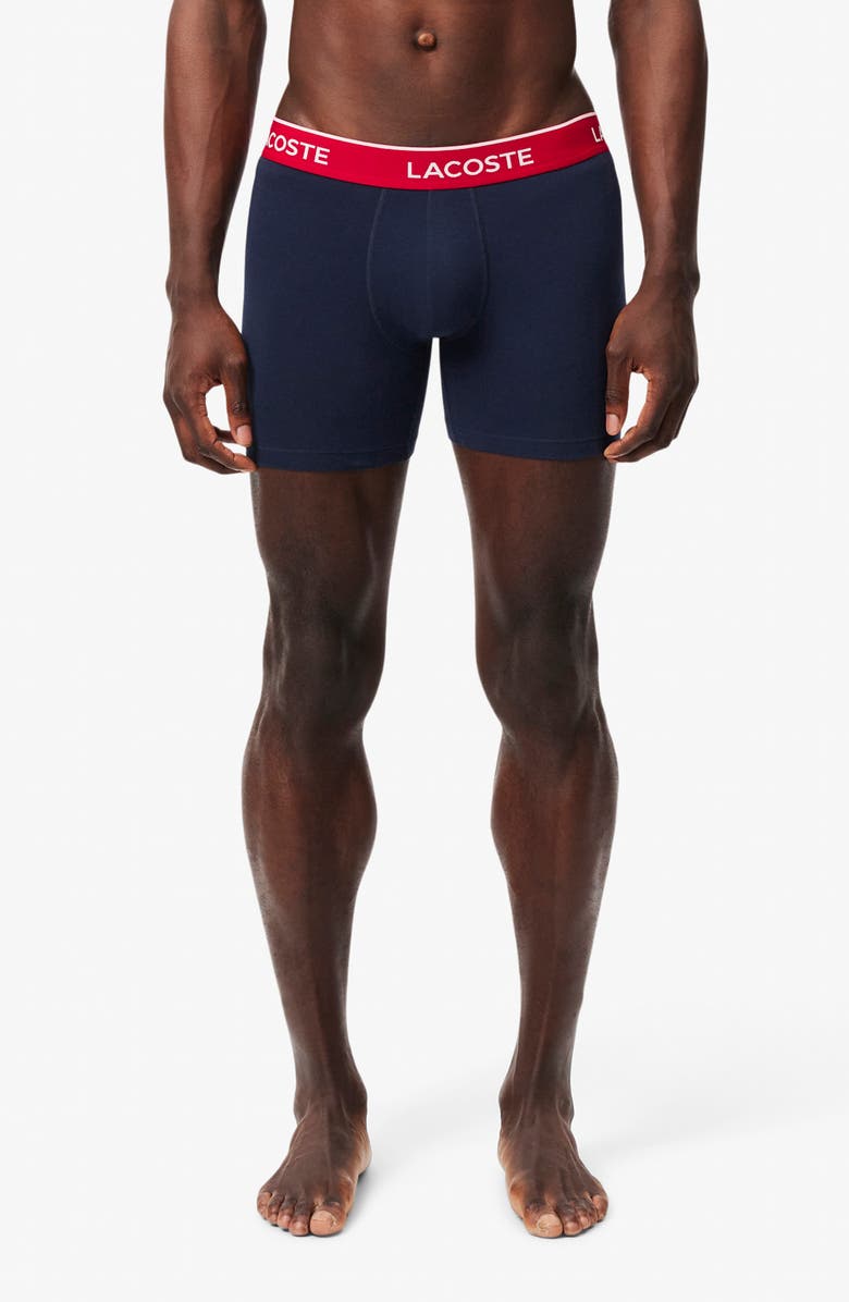Lacoste Core Essentials Assorted 3-Pack Stretch Cotton Boxer Briefs, Alternate, color, Navy Blue/ Green-Red-Navy