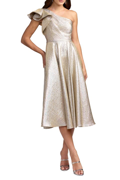 Women's One Shoulder Ruffle Metallic Midi Dress